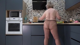 Behind The Scenes Of A Curvy Wife In Nylon Pantyhose Serving Breakfast